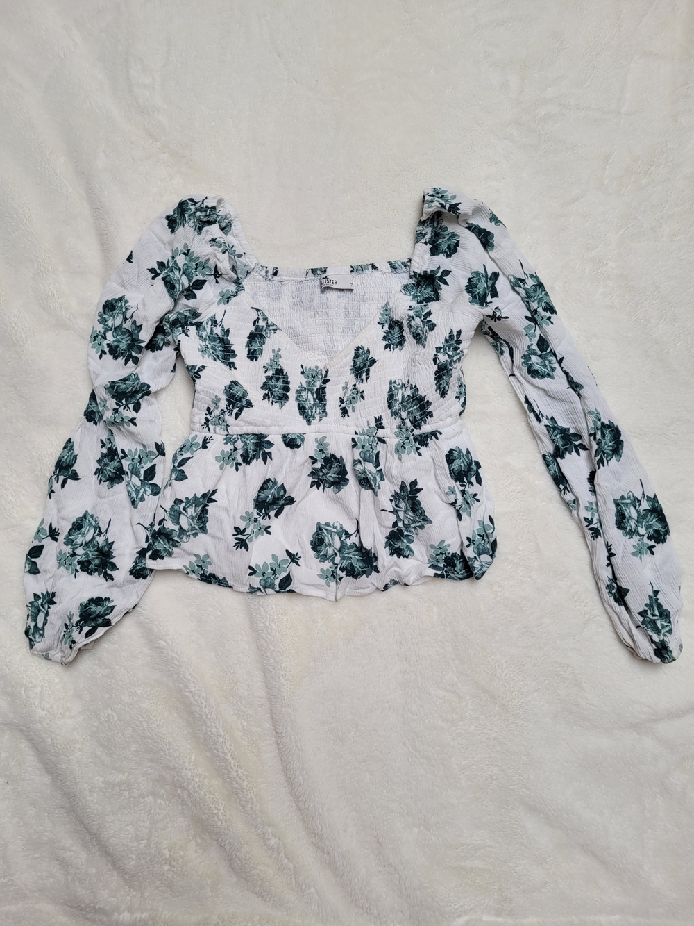 Hollister Smocked Square-Neck Floral Peplum Top - White with Green Floral